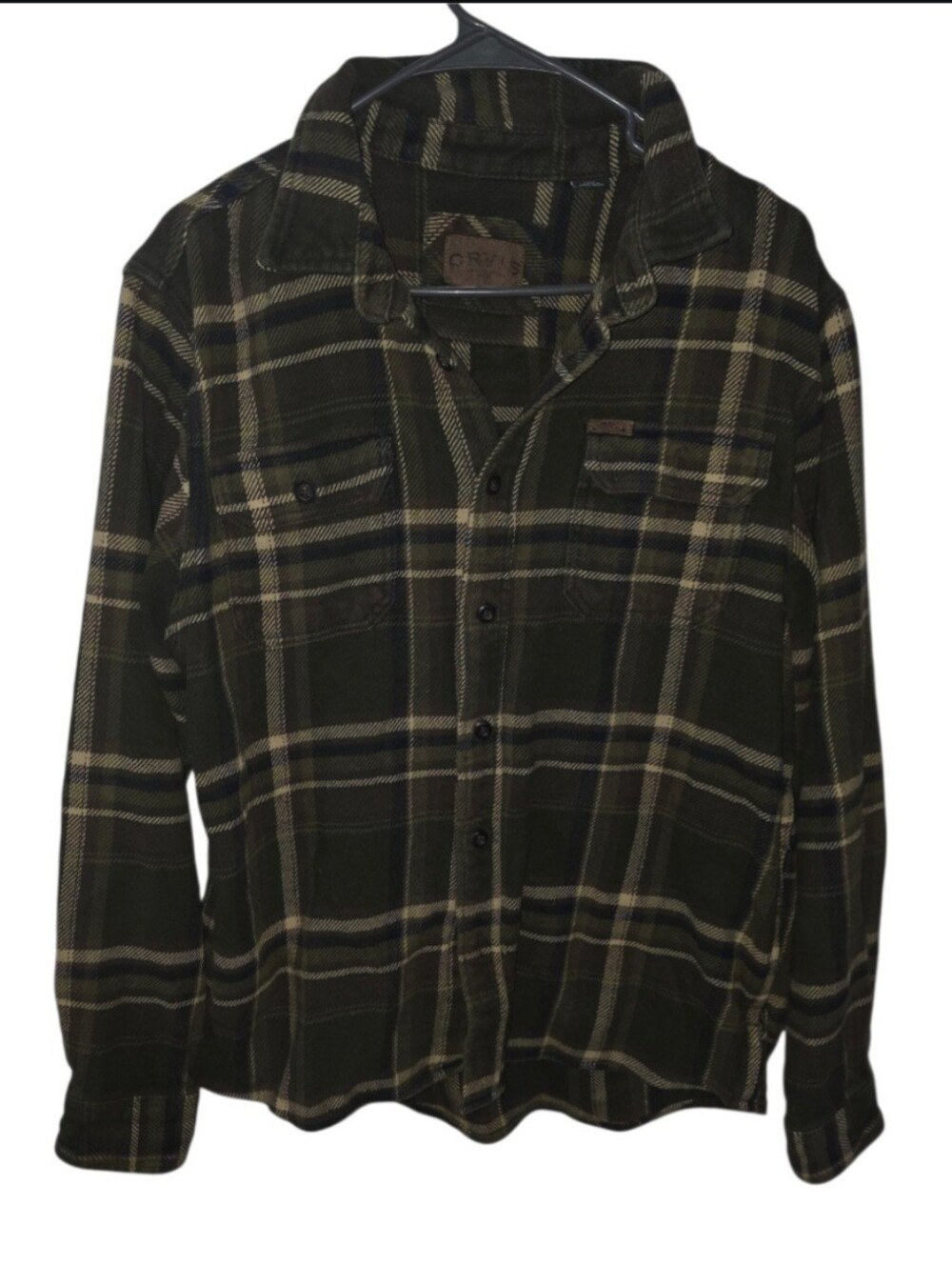 Orvis Plaid Flannel Shirt Mens L Green Brown Outdoor Workwear Button Up
